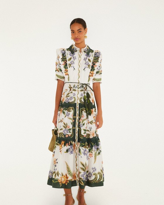 A sand-toned printed maxi dress.